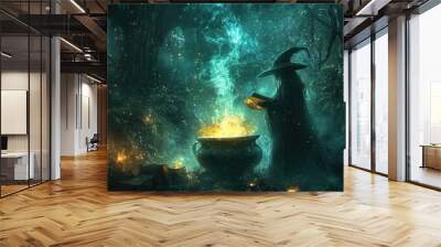 A witch stirring a bubbling cauldron in a dark, enchanted forest, surrounded by glowing potions, spell books, and magical smoke. Wall mural