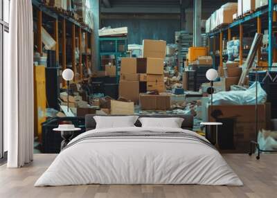 An interior view of a disorganized warehouse with boxes and packages spread unevenly, highlighting the difficulties of managing a cluttered storage space. Wall mural