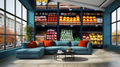 Brightly colored fruits and neatly packaged goods stored on metal shelving in a spacious industrial warehouse, showcasing organized inventory management. Wall mural