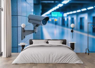 CCTV cameras placed strategically in a subway station, ensuring commuter safety and crime prevention. Wall mural