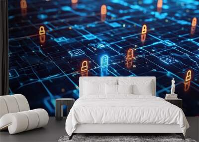 Concept of secure communication with digital locks and encrypted data streams, emphasizing privacy and protection in modern technology. Wall mural