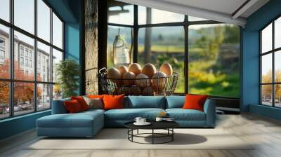 Freshly laid eggs in a wire basket, with farm scenery visible in the background through an open window. Wall mural