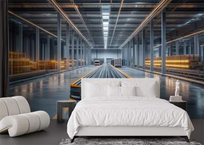 Interior of a futuristic warehouse featuring automated conveyor belts and robotic systems for inventory management, highlighting the integration of modern technology. Wall mural