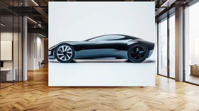 Sleek modern car model in profile view on a clean white background, showcasing smooth design lines and futuristic features for a minimalist car concept. Wall mural