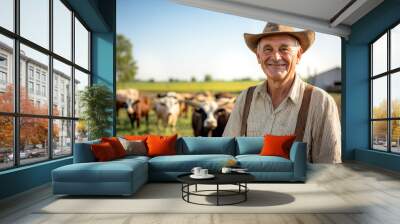 An elder farmer, proudly wearing suspenders and a wide hat, exudes contentment as he stands amidst his herd of cows, signifying a life of dedication and care. Wall mural