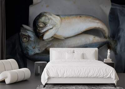 2 mackerel placed on a white glossy paper Wall mural