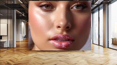 Smooth lipped woman with exfoliating lip scrub polishing granules juicy shine invigorating sugar crystals Wall mural