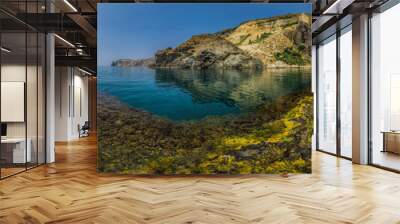 Yachts in the Sea on a background of rocky shores. Sea landscape with yachts and rocky coastline. Copy space. The concept of an summer holydays, relax, active and healthy life in harmony with nature. Wall mural