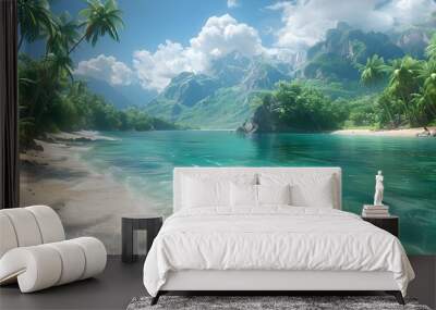 Breathtaking Tropical Paradise with Swaying Palm Trees and Crystal-Clear Turquoise Waters Wall mural