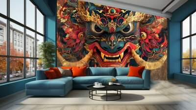 Captivating Thai Mask Painting with Mythological Creatures and Intricate Golden Detailing Wall mural