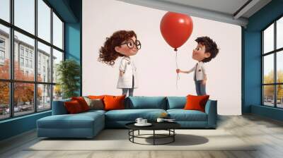 Cute Scientist Girl and Happy Boy with Red Balloon in Style Wall mural