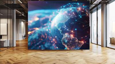 Digital world globe, concept of global network and connectivity on Earth, high speed data transfer and cyber technology Wall mural