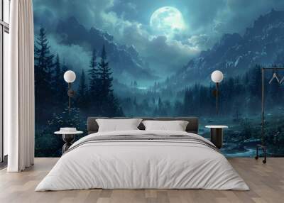 Enchanting Moonlit Forest with Soft Glow and Mysterious Shadows:Tranquil Nighttime Landscape in Style Wall mural