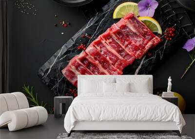 Exquisite Beef with Lemon and Elegant Food Photography in Red and White Color Scheme Wall mural