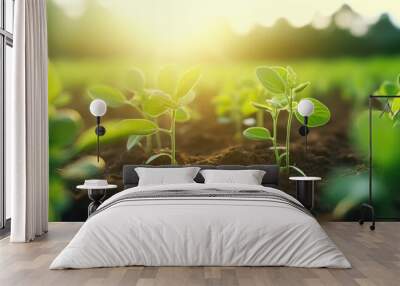 Field of young soybean plants spread out in beautiful rows Wall mural