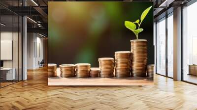 Seedlings is growing on Coins. Ideas for business growth, profits and successful development in 2024. Wall mural