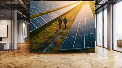 The solar farm(solar panel) with two engineers walk to check the operation of the system Wall mural