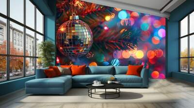 A sparkling disco ball ornament on a Christmas tree, surrounded by colorful bokeh lights for a festive atmosphere. Wall mural