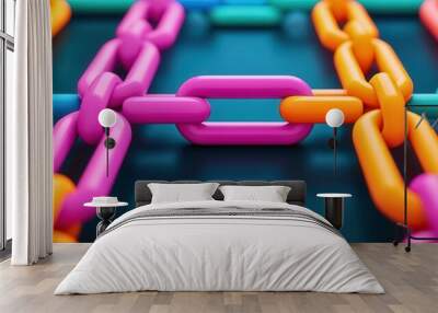 Close-up of colorful chains linked together, showcasing vibrant colors and modern design, ideal for technology and connection themes. Wall mural