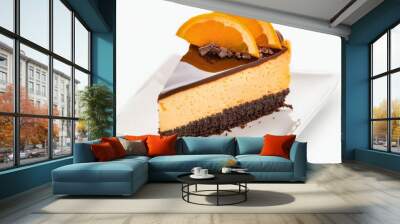 Delicious slice of chocolate orange cheesecake with a smooth texture and vibrant orange slices on top, perfect for dessert lovers. Wall mural