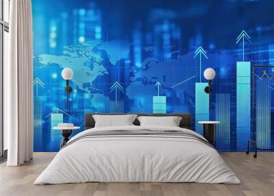 Dynamic financial growth chart with blue tones and upward arrows, representing success and progress in business analytics. Wall mural