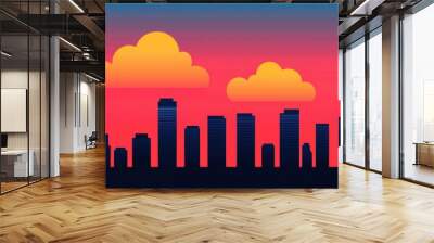 Stunning city silhouette against a colorful sunset, featuring vibrant clouds and striking skyline for an urban aesthetic. Wall mural