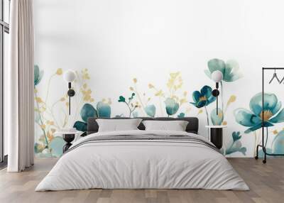 A beautiful watercolor illustration featuring abstract teal and gold flowers on a white background. Wall mural