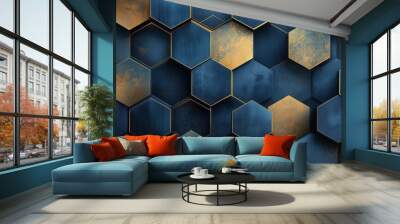 A blue and gold hexagonal pattern with a gold border. The pattern is made up of squares and triangles Wall mural