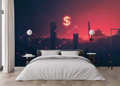 A city skyline with a dollar sign in the middle. The dollar sign is surrounded by lines and he is rising. The image has a futuristic and urban feel to it Wall mural