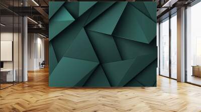 A dark teal geometric background featuring sharp angles and overlapping polygons, creating a dynamic and abstract design with varying shades and shadows. Wall mural