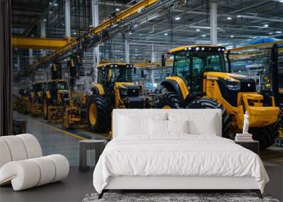 A factory with many yellow tractors on a conveyor belt. The tractors are being assembled and are in various stages of completion. Scene is one of productivity and efficiency Wall mural