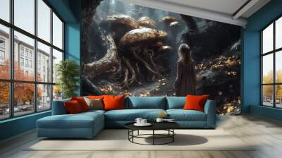 A girl stands in front of a large mushroom. The mushroom is surrounded by other mushrooms and the girl is looking at it. The scene is dark and mysterious Wall mural