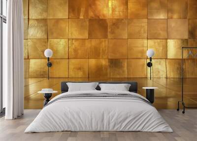 A gold wall with gold tiles. The wall is empty and has a shiny, reflective surface. The gold tiles give the room a luxurious and elegant feel Wall mural