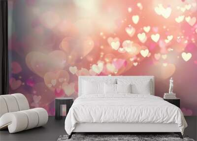 A light pink background with blurred hearts and light sparkles. Wall mural