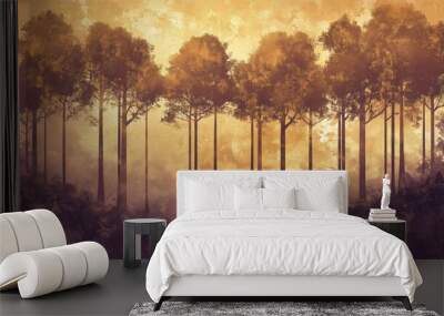 A painting of a forest with trees in the foreground and background. The trees are tall and the sky is orange. The mood of the painting is peaceful and serene Wall mural