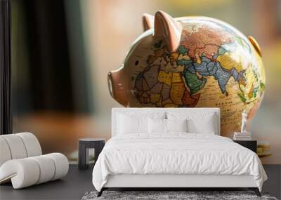 A piggy bank with a globe on it sits on a table with a pile of coins. The coins are scattered around the piggy bank, with some on top and others underneath. Concept of financial responsibility Wall mural