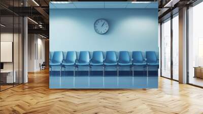 A row of blue chairs are lined up in a room with a clock on the wall. The chairs are empty and the room is very clean Wall mural