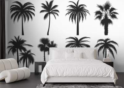 A set of black vector palm tree silhouettes isolated on a white background. Wall mural