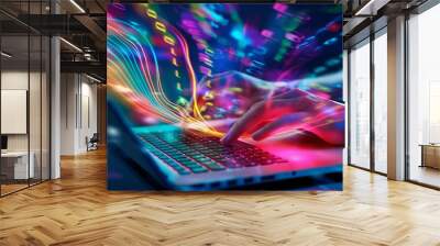 A vibrant abstract painting featuring fluid shapes and light trails flowing from a laptop keyboard, capturing the dynamic movement of data. Wall mural