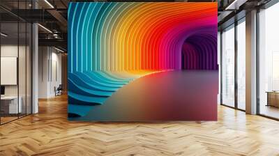 A vibrant and colorful abstract background featuring a gradient of colors, including blue, yellow, red, and purple, with curved lines and wave-like patterns. Wall mural