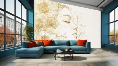 A woman's face is drawn with flowers on it. The flowers are gold and the woman is smiling. The image has a peaceful and calming mood Wall mural