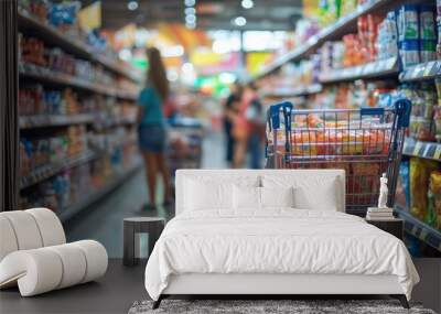 A woman pushes a shopping cart in a grocery store. The cart is full of snacks and other items. There are other people in the store, some of whom are also pushing shopping carts Wall mural