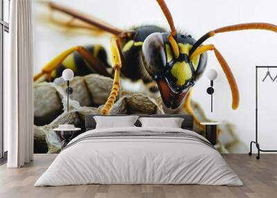 A yellow and black wasp is on a honeycomb. The wasp is looking at the camera Wall mural