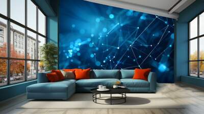 Abstract blue background with glowing connections, network lines on dark space for technology, science or data transfer concept banner Wall mural