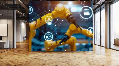 AI technology in industry, yellow robot arms, manufacturing, product design icons floating above, connected lines show flow of information Wall mural