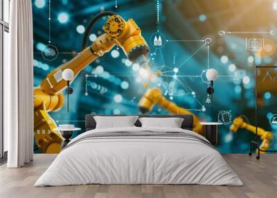 AI technology in industry, yellow robot arms with manufacturing and design icons, lines show information flow, blue industrial background Wall mural