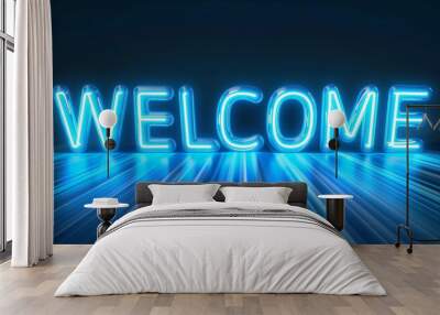 Blue glowing neon sign displaying the word WELCOME with light reflections. Wall mural