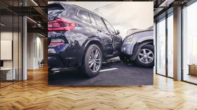 Car crash dangerous accident on the road. SUV car crashing beside another one on the road.. Wall mural