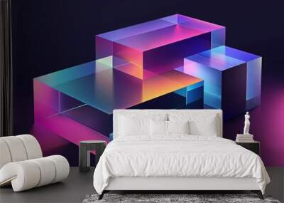 Colorful cube is shown on a dark background. The cube is made of clear plastic and has a shiny, reflective surface. The colors of the cube are bright and vibrant, creating a sense of energy Wall mural