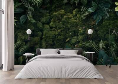 Forest Floor Foliage, Overhead View of Moss, Ferns, and Leaves in Dark Green, Photo Realistic Image Wall mural